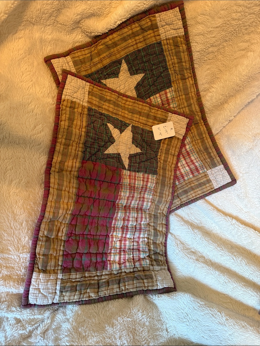 Set of 2 Quilted Patchwork Americana Star Placemats Plaid 19x14 Rustic Folk Art